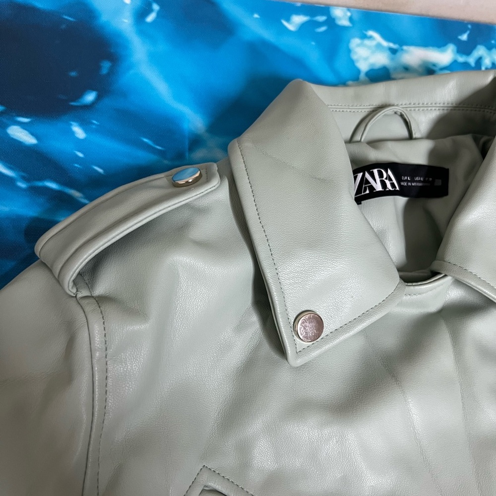 ❄️Zara Women's mint green Sage Moto Leather Jacket with Sleek Modern Feminine - Picture 5 of 13